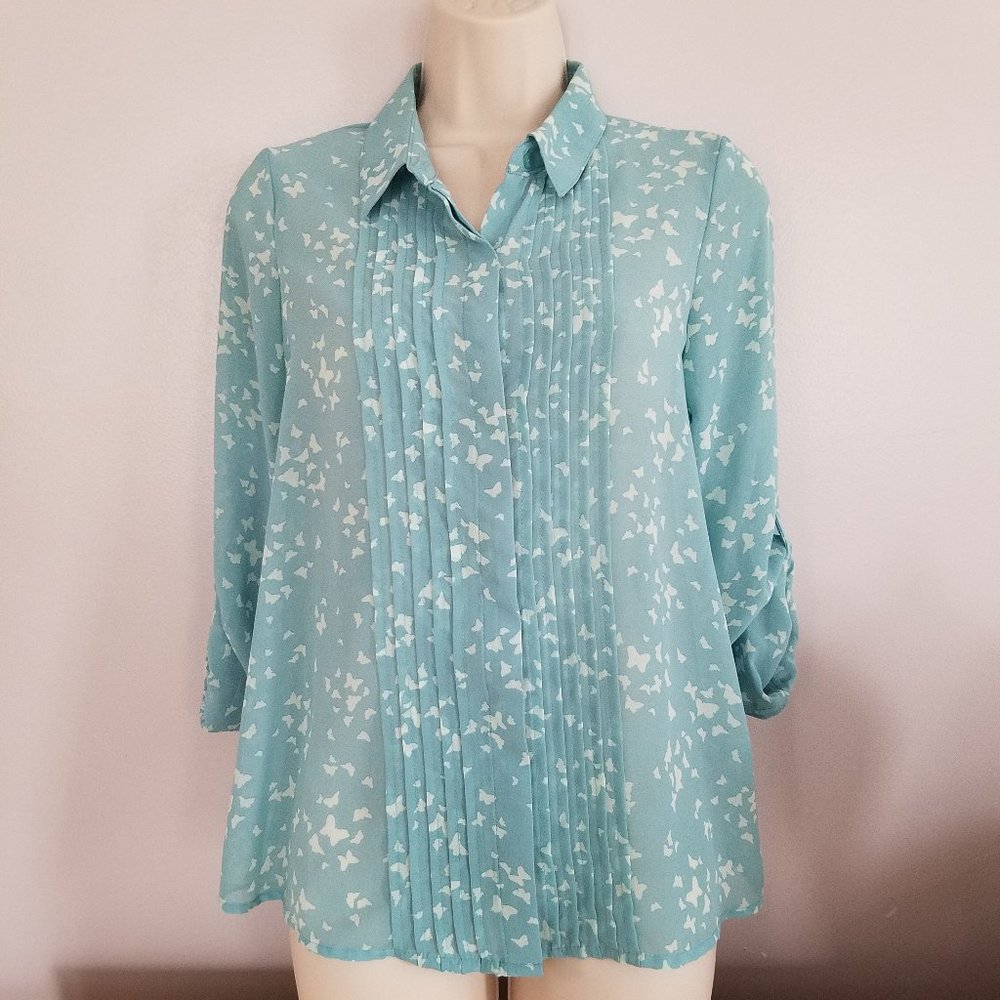 Lauren Conrad Light Blue Sheer Buttoned Butterfly Printed Blouse